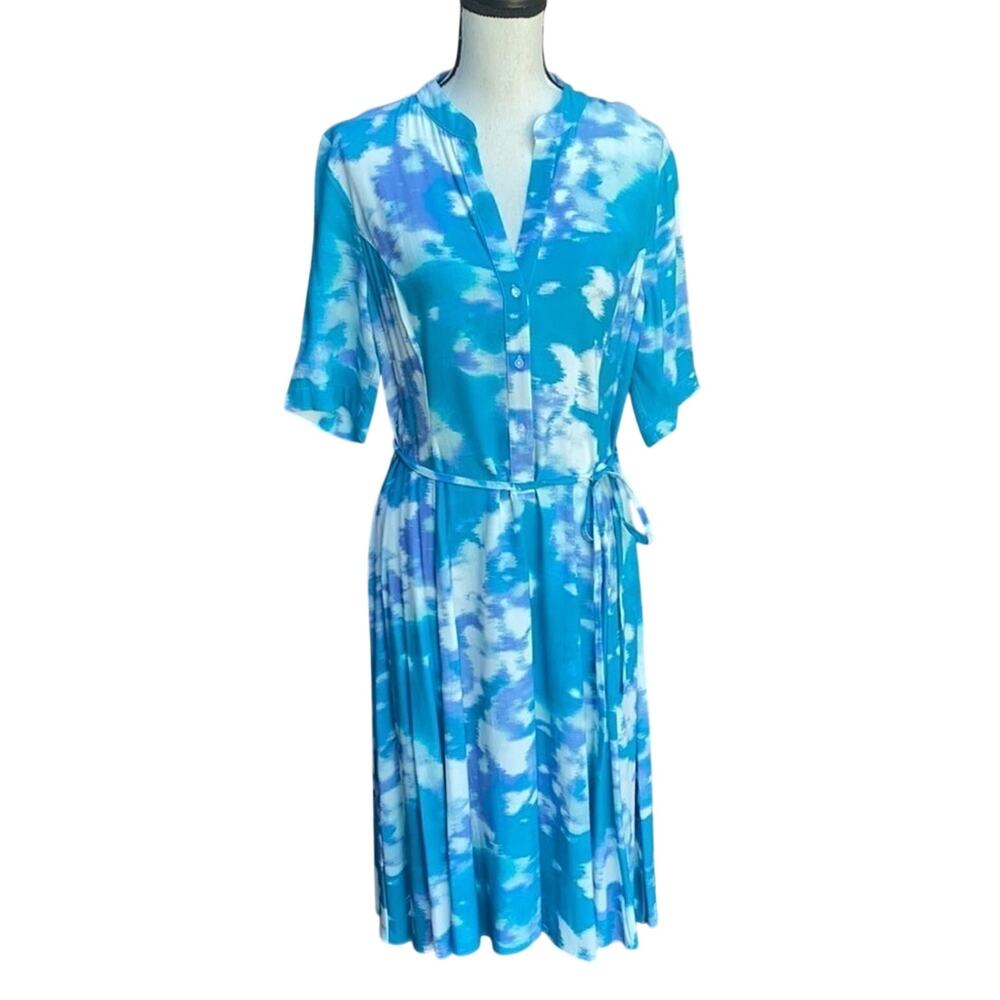 Natori Tea Watercolor Shirt Dress Mandarin Collar Belted Blue Green NWOT Size 10